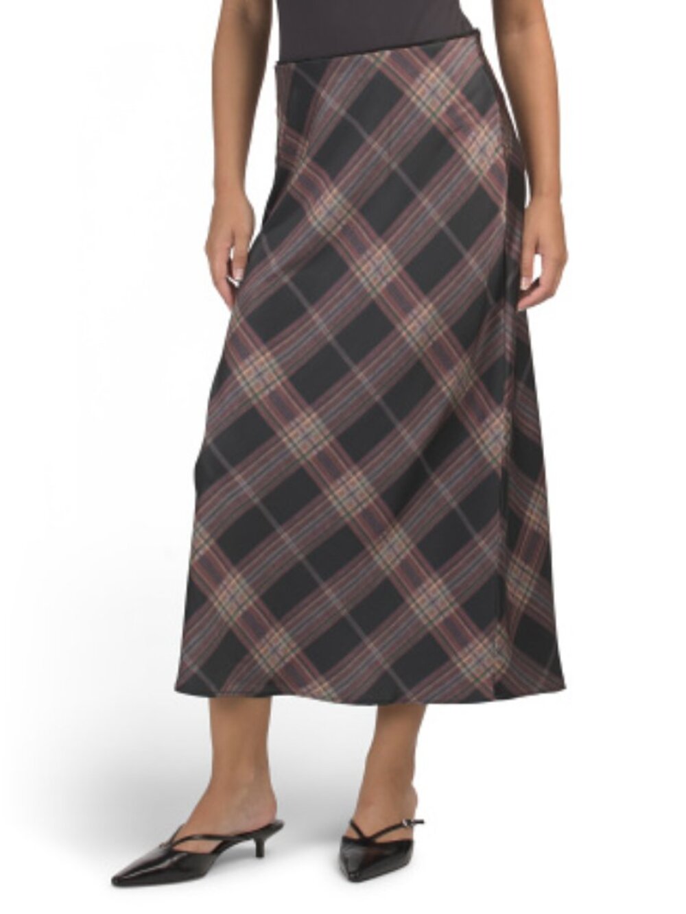 Plaid Satin Midi Skirt
